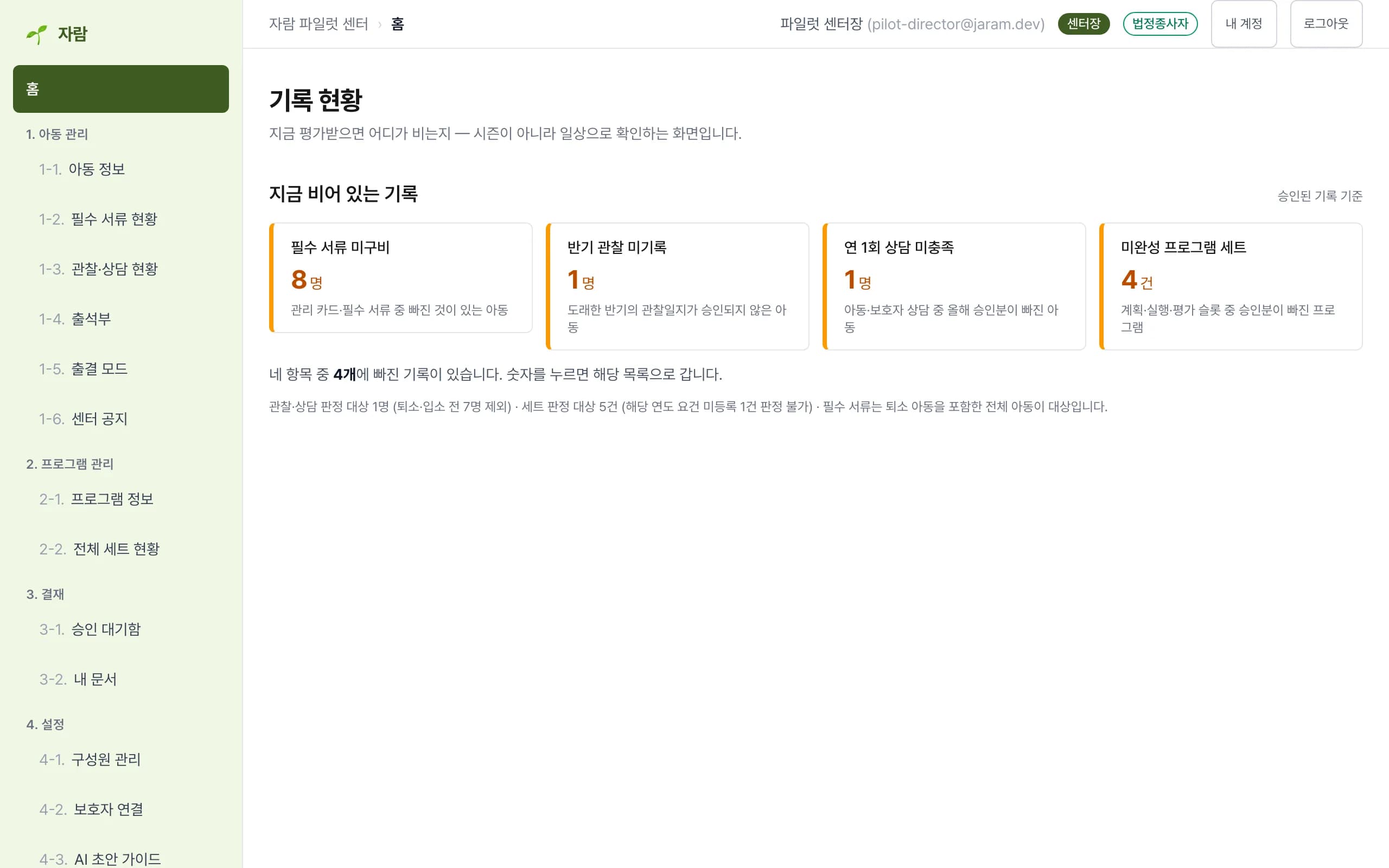 자람 홈 화면 — 지금 비어 있는 기록 네 항목을 숫자로 보여 준다